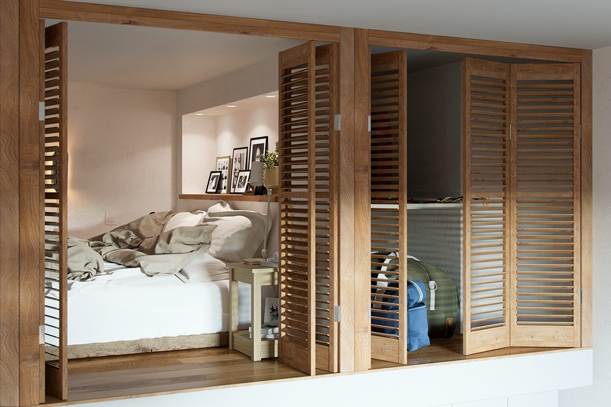loft style bedroom with shuttered doors Thiết kế nhân đôi không gian cho những căn nhà nhỏ nhờ gác xép